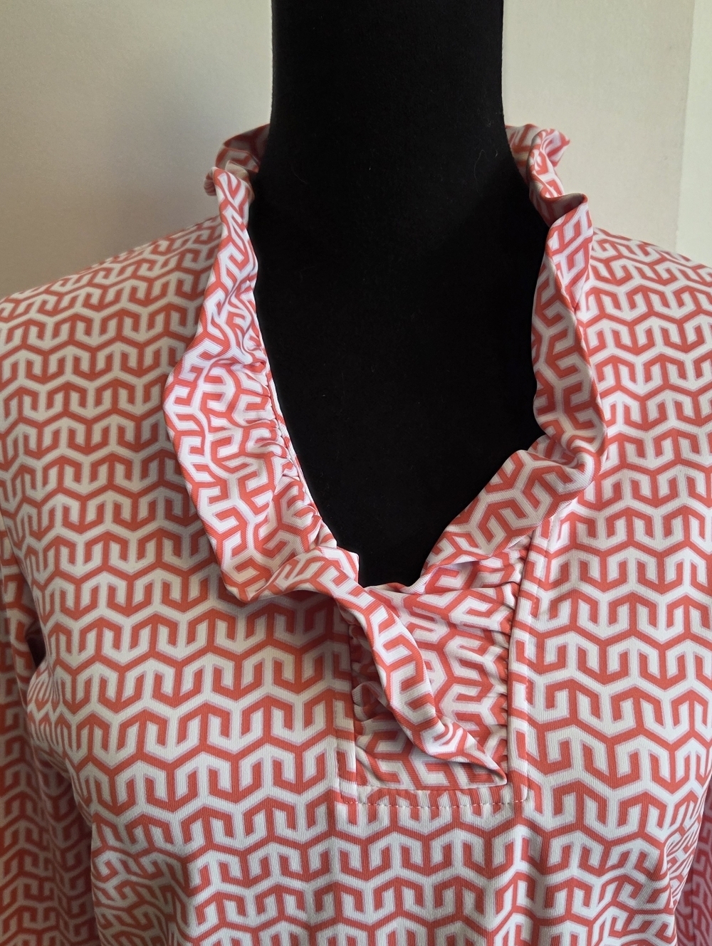 J. McLaughlin Durhan Ruffle Catalina Cloth Coral White 3/4 Sleeve Top Medium - Picture 3 of 6